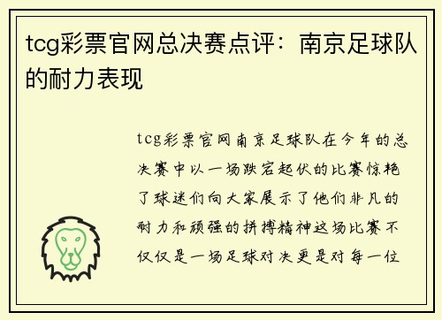 tcg彩票官网总决赛点评：南京足球队的耐力表现