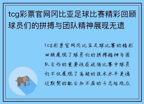 tcg彩票官网冈比亚足球比赛精彩回顾球员们的拼搏与团队精神展现无遗
