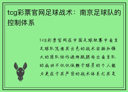 tcg彩票官网足球战术：南京足球队的控制体系